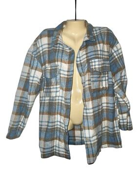 SHEIN Blue, Brown & White Plaid Button-Up Shacket